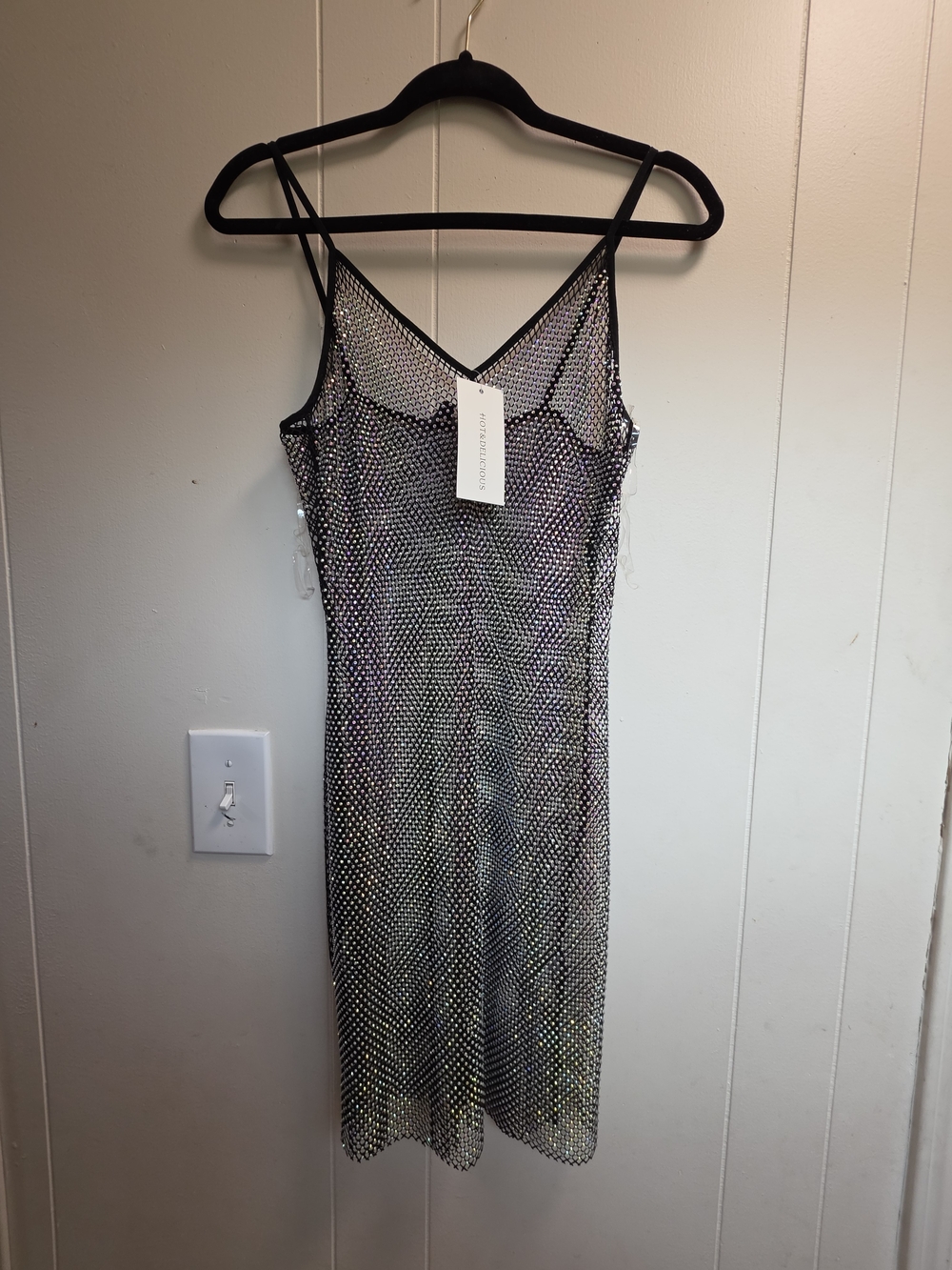 Hot & Delicious Rhinstone Embelished Black Fishnet Mesh Dress